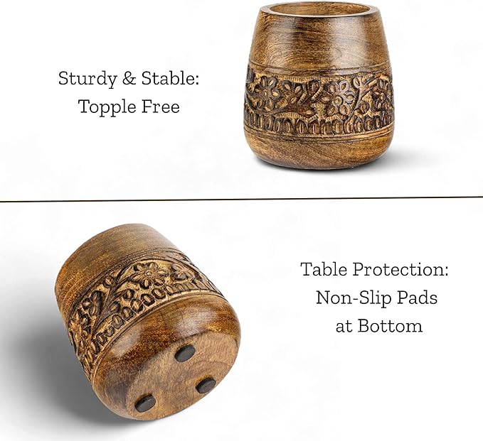 Mie Creations Designer Pencil Holder for Desk Wood | Wooden Pen Stand, Paintbrush Cup, Desk Accessories, Cute Make Up Brush Organizers | Office Desktop Stationery, Christmas Holidays Gift- 4'' Brown