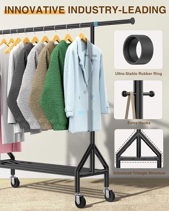 Heavy Duty Clothes Rack Load 520LBS, Adjustable Rolling Clothing Rack with Sturdy Wheel, Metal Industrial Closet Garment Racks for Hanging Clothes Coat, Portable for Bedroom, Laundry Living Room