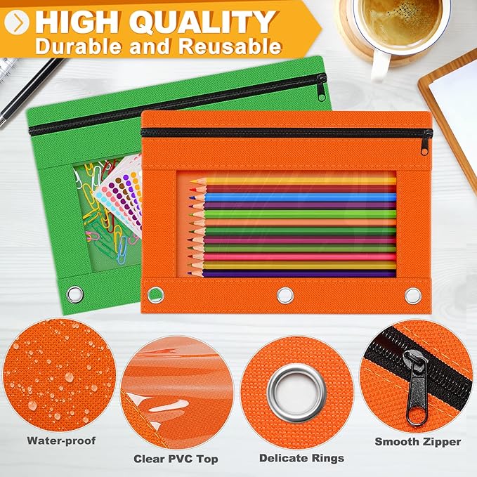 Pencil Pouch for 3 Ring Binder, Bulk 6 Pack 3 Hole Zipper Pencil Pouches with Clear Window, Pencils Bags in Assorted Colors, Sturdy and Durable Cloth Pencils Case for School Office College Supplies