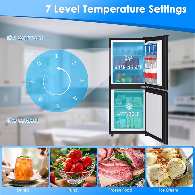 Compact Refrigerator with Freezer 4.3 Cu. Ft. 2-Door Dorm Fridge with Adjustable 7-Level Thermostat, Small Refrigerator with Freezer for Home, RV, College Dorm, Apartment, Office, Black