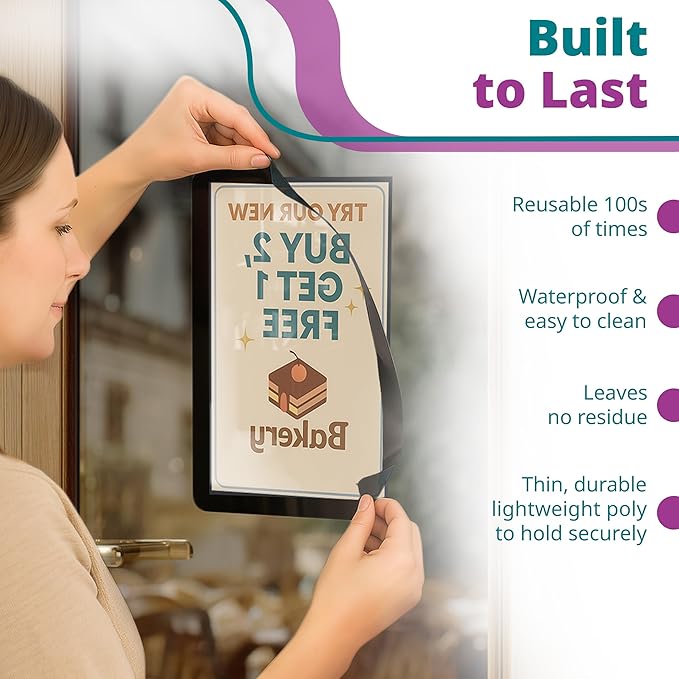 Letter-Size 8.5 x 11 Adhesive Interior for Exterior Viewing Frames - Reusable Sticker Holder Display for Windows & Doors, Paper Holder, Dry Erase, Non Acylic & Non Magnetic - Black, Pack of 5