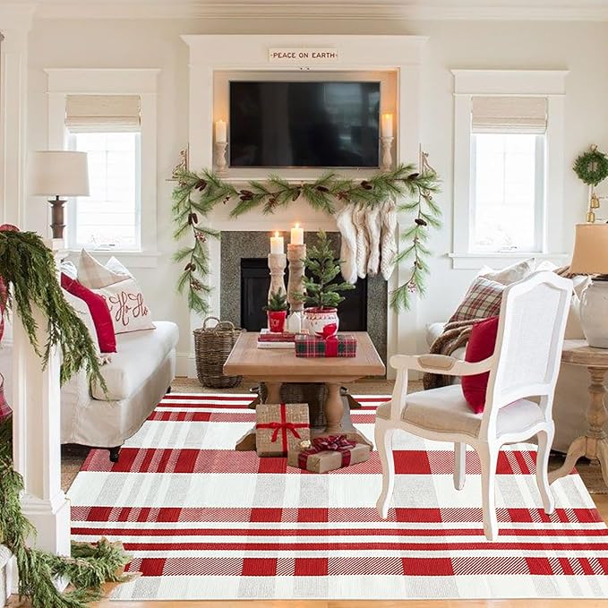 Christmas Door Mat Outdoor 4' x 6' Red and White Plaid Rug Christmas Decor Rug Cotton Hand-Woven Layered Door Mats Washable Carpet for Front Porch, Kitchen, Farmhouse, Entryway