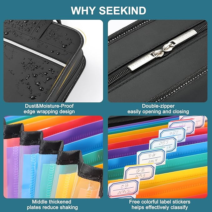 SEEKIND PU Leather Accordion File Organizer with Handle & Strap，12 Pockets Expanding File Folder with Zipper & Labels，Portable Document Organizer File for Letter A4 Files