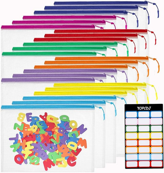 24pcs Mesh Zipper Pouch Bags, A5 9.4 x 6.9 Inches Reusable Zipper Bags Puzzle Storage Organizer 8 Colors Multipurpose for Travel Board Games Office Supplies and Home Organization