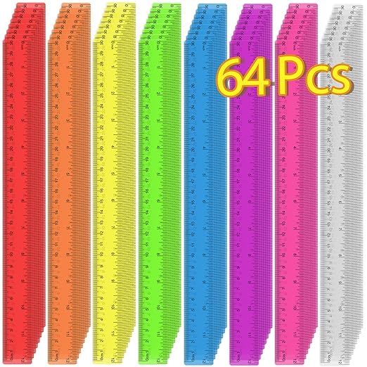 64 Pack Plastic Ruler 12 Inch in Bulk, Plastic Rulers in Assorted Colors, Clear Ruler with Inches and Centimeters, Transparent Rulers Bulk for Kids Back to School, Classroom, Office, Home Supplies