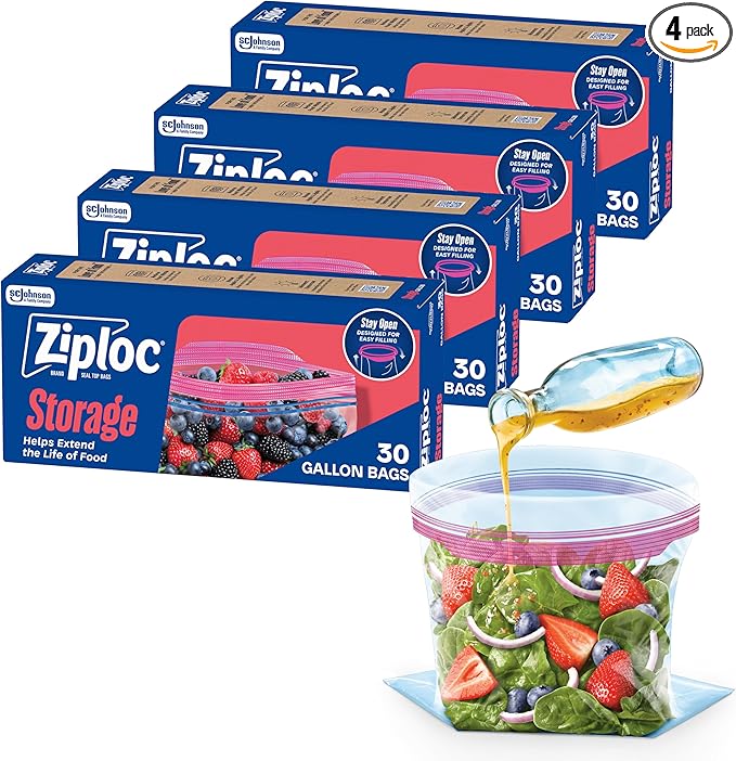 Ziploc Gallon Food Storage Bags, 140ct Total, Stand-Up Bottom, Easy to Fill, 30 Count (Pack of 4) (Packaging May Vary)