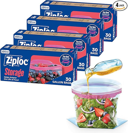 Ziploc Gallon Food Storage Bags, 140ct Total, Stand-Up Bottom, Easy to Fill, 30 Count (Pack of 4) (Packaging May Vary)