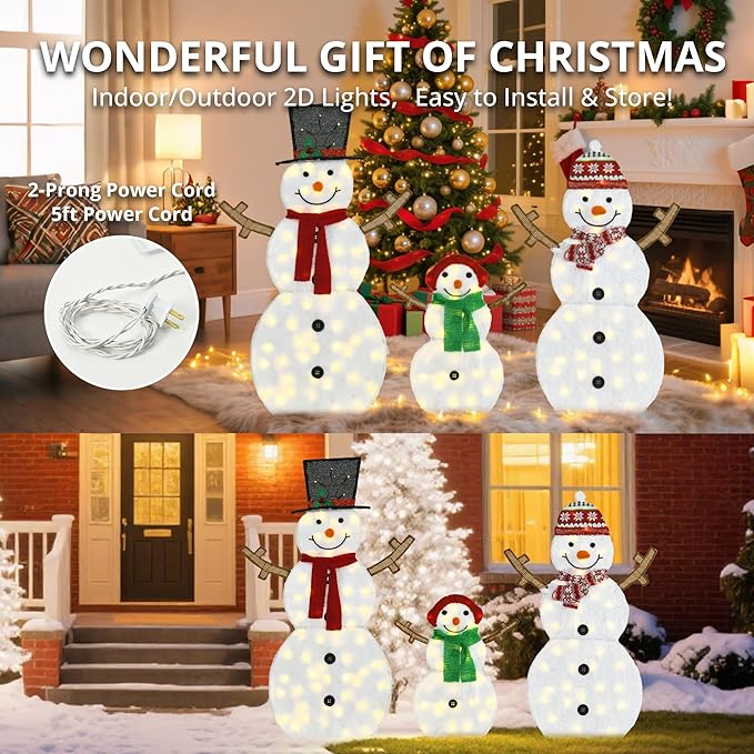 Lighted Snowman Family Outdoor Christmas Decoration, 48"| 42"| 24" H Pre-lit Snowman Lights Ornament, 2D Indoor Holiday Decor, 130 Warm White LEDs, for Yard, Lawn, Garden, Set of 3