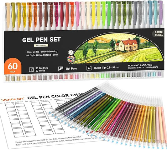 Shuttle Art 60 Pack Earth Tone Gel Pens, 30 Brown Earth Tone Gel Pens with 30 Refills for Adults Coloring Books Journaling Drawing Nature, Landscapes, Animals Scenes