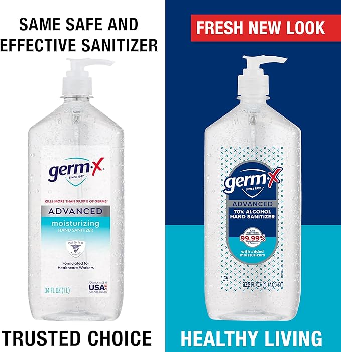 Germ-X Advanced Hand Sanitizer, Non-Drying Moisturizing Clear Gel, Instant and No Rinse Formula, Large Family Size Pump Bottle, Back to School Supplies, 34 Fl Oz (1 Liter)
