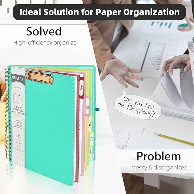Ospelelf Foldable Spiral Clipboard Folio with Storage Zipper Pouch, 5 Plastic Folders with 10 Pockets,Refillable Lined Notepad (11" x 8.5"), Hardcover Project Organizer with 39 Stickers (Aqua)