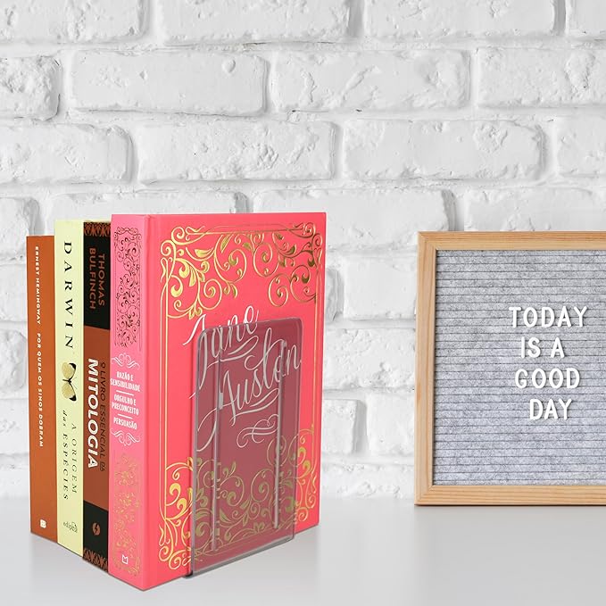 Acrimet Bookends 1 Pair, Clear Plastic Bookends for Shelves or Desktop, Book Holder for Home, Office, Library, School (Clear Smoke Color)