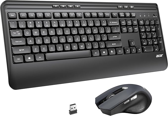 Acer Wireless Keyboard and Mouse Combo, 2.4G Full Sized Erogomic Keyboard Mouse Cordless, Palm & Wrist Rest, Unifying USB Receiver, 7 Multimedia Hotkeys, Sleep Mode, for PC, Laptop, Computer, Windows