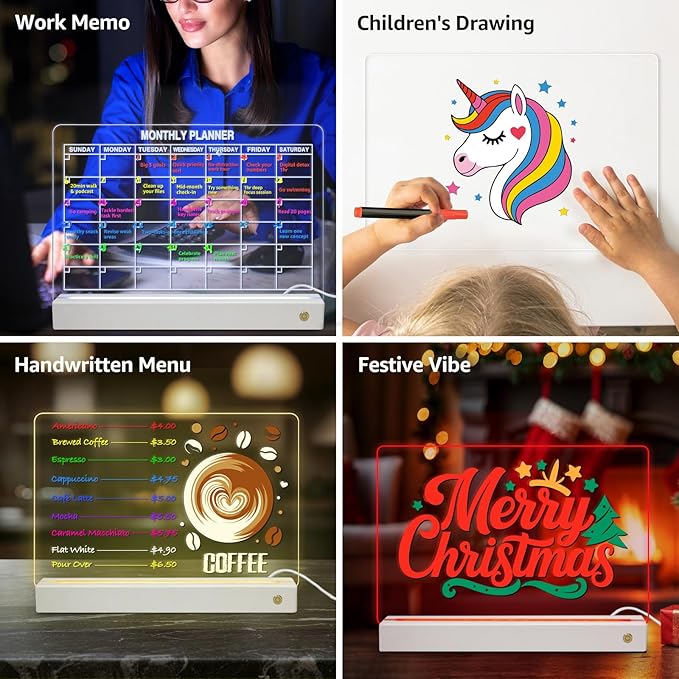 LED Note Board with 8 Colors，Acrylic Dry Erase Board with Light, Clear Monthly/Weekly Calendar, Led Drawing Board for Kids with Stand, 8 Markers, Adapter, Soft Cloth, Holiday Trend Gift (White)