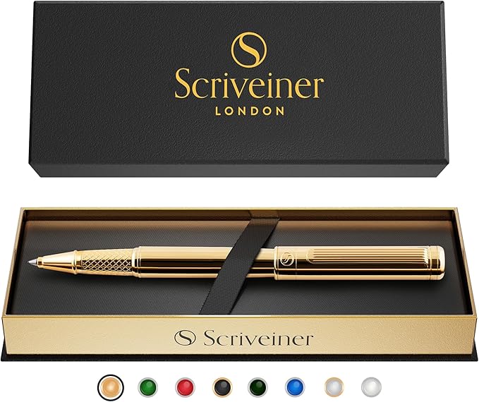 Scriveiner Gold Rollerball Pen - Stunning Luxury Pen, Real Gold Plating, Schmidt Ink Refill, Best Roller Ball Pen Gift Set for Men & Women, Professional, Executive Office, Nice Pens