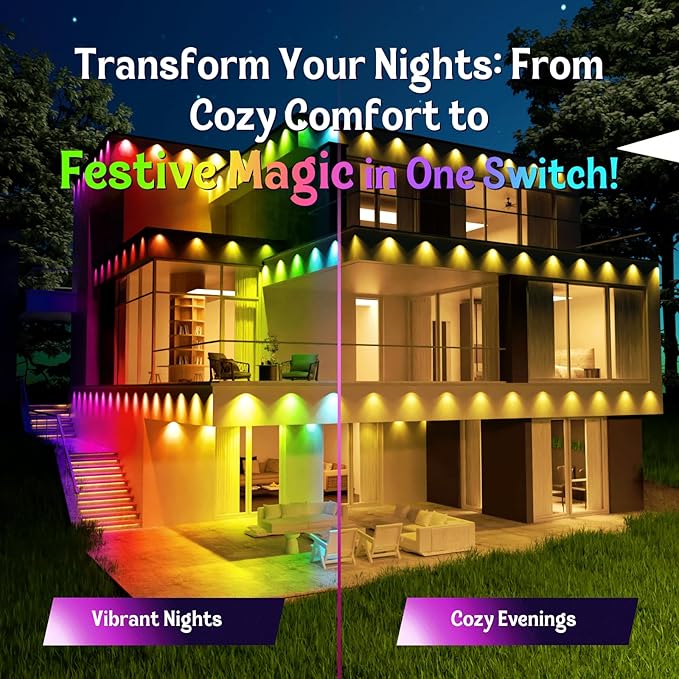 HUTAKUZE Permanent Outdoor Lights, 100ft RGB Outdoor Christmas Lights with 60 LED Light, IP67 Waterproof LED Eaves Light, DIY Scene Modes for Halloween Decor, Smart APP & Remote Control