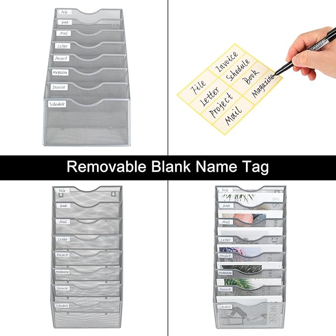 PAG Hanging Wall File Holder Organizer Mail Sorter Literature Rack for Office, 8 Pockets, Silver