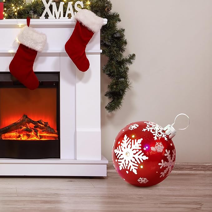 Fraser Hill Farm FFRS018-ORN1-RD Indoor/Outdoor Oversized Jeweled Ball Ornament w/Long-Lasting LED Lights, Red Holiday Decoration, 18"