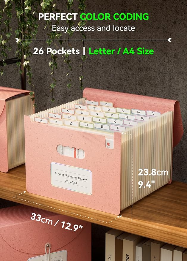 Accordion File Organizer, 26 Pockets Wheat Straw Expanding File Folder, Monthly Bill Receipt Organizer,A-Z Tabs,100% BPA Free,Return to Nature Healthy Living,Letter/A4 Size - Strawberry Pink