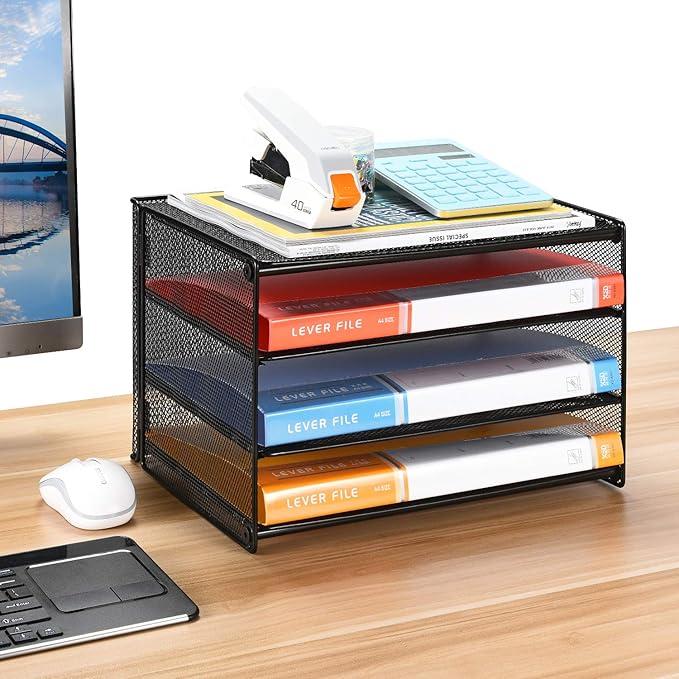 Samstar 2 Pack Paper Letter Tray, 3-Tier Desk File Organizer Paper Sorter Letter Shelf Rack, Mesh Made,Black