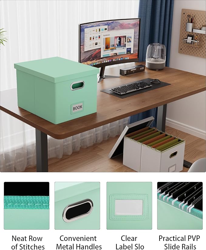 2 Pack File Storage Organizer Box,Portable File Box with Lid,Fit for Letter/Legal File Folder Storage, Mint-green(Leather)