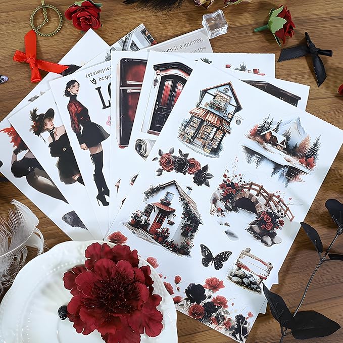Snycler Midnight Rose Theme Sticker Scrapbooking Supplies for Junk Journal, 20 Sheets PET Stickers - Vintage Journaling Stickers, Ephemera Sticker Book Pre Cut, Planner, Junk Journal Supplies