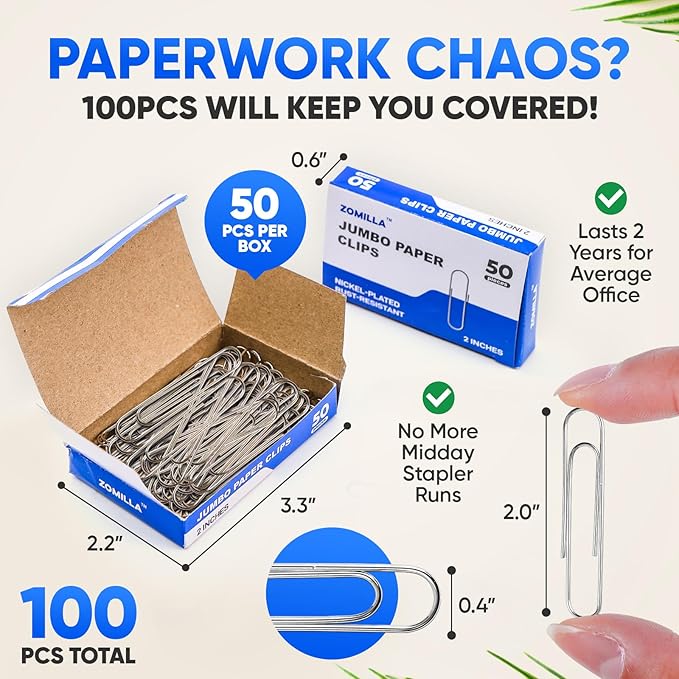 Paper Clips Large, 100pcs 2 Inches Jumbo Paper Clips Silver, Smooth Recyclable Big Paperclips for Office Home School, Stainless Steel Rustproof & Durable Paperclip