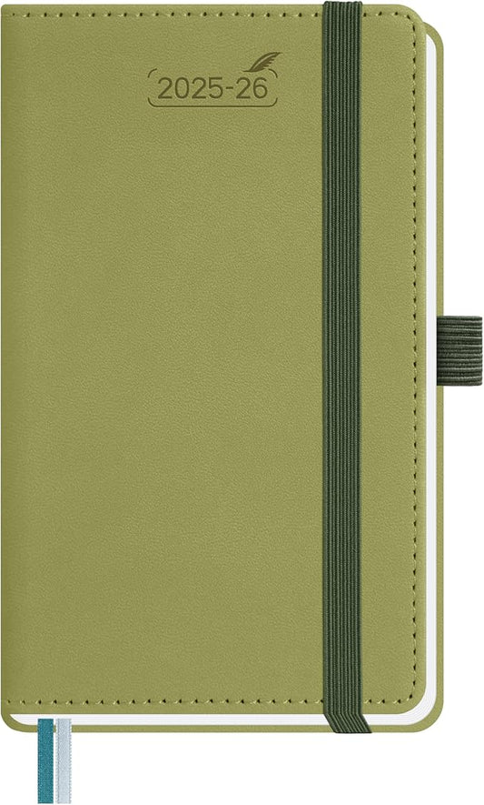BEZEND Pocket Planner 2025-2026 Weekly and Monthly, 3.5" x 6" Academic Planner (Jul 25-Dec 26) 18-Month Mid-Year Calendar Book, Storage Pocket, Pen Holder, PU Leather Hardcover - Kiwi