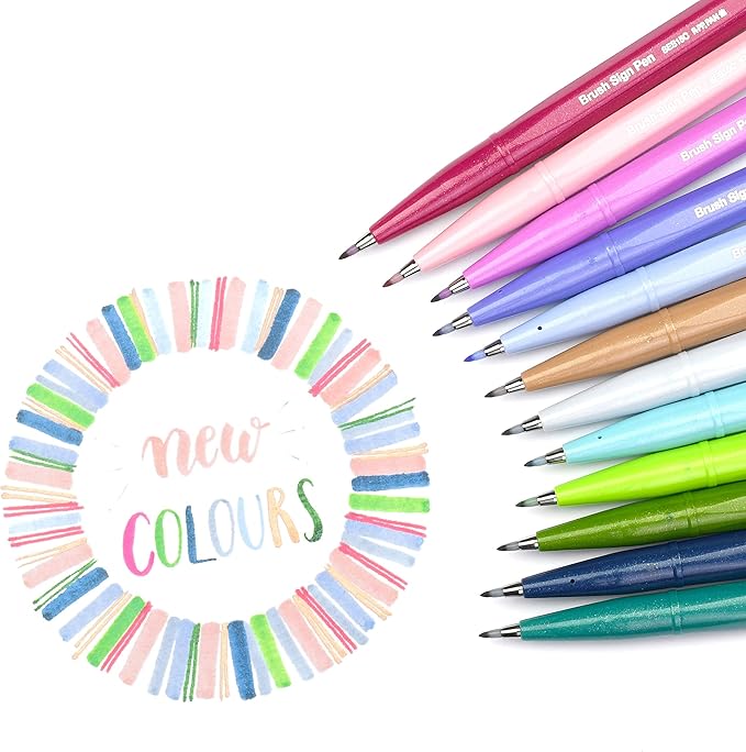 Pentel Arts Sign Pen Brush Tip, Assorted Colors, 12 Pack Box (SES15C2PC12)