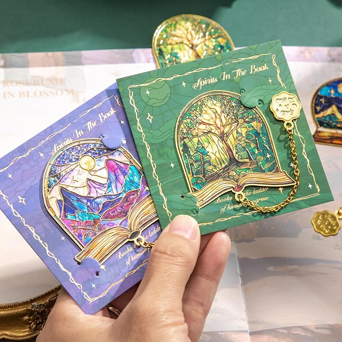 4pcs Metal Bookmarks with Chain, Inspirational Book Marks Set Featuring Books, Mountains, Stars, Forest & River - Perfect Book Markers Gift for Book Lovers, Readers, Kids, Teens, Men, Women, Adults