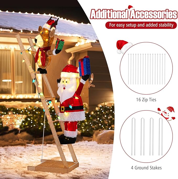Tangkula 5.5 FT Lighted Reindeer & Santa Claus on Ladder, 3D Pre-Lit Indoor Outdoor Christmas Decoration with 100 LED Lights, Zip Ties and Ground Stakes, Xmas Holiday Decoration for Home Yard Porch
