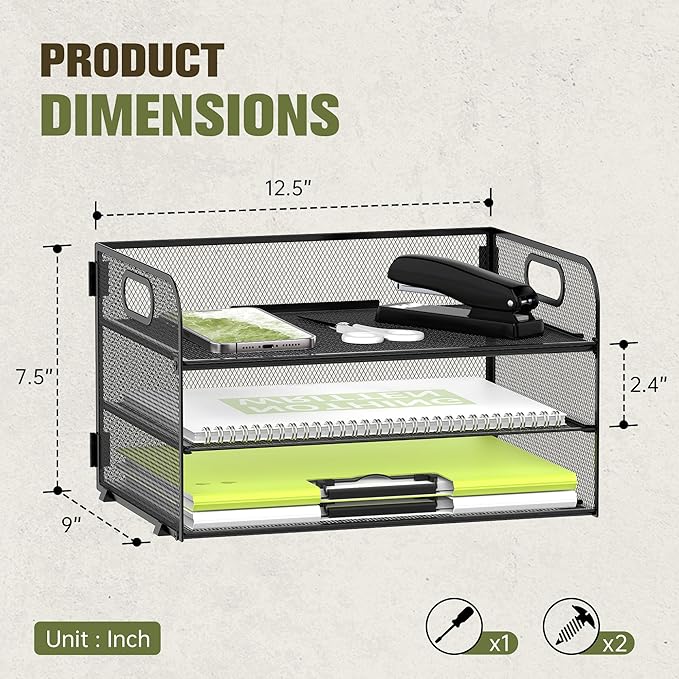 Daltrack 3-Tier Mesh Desk Organizer with Handle - Paper Tray Organizer for A4 Files, Black 2 Pack