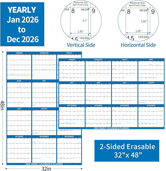 2026 Wall Calendar 32" x 48" Dry Erase Calendar for Wall from January 2026 to December 2026 12 Month Annual Large Yearly Wall Planner for Office School(Blue)