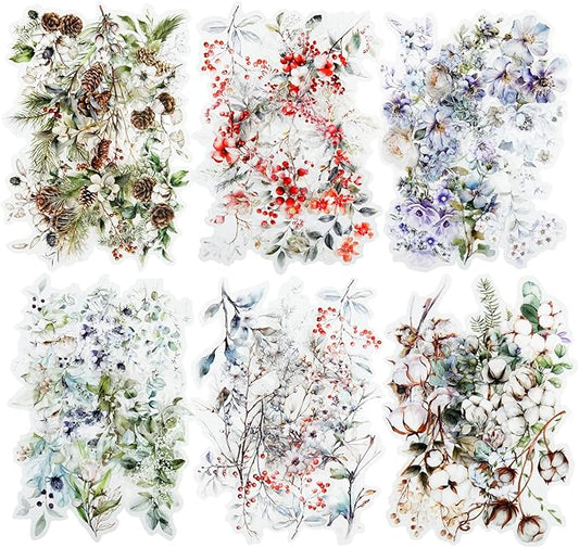 Floral Branch PET Stickers Set, 120PCS Botanical Flower Stickers for Scrapbooking, Journaling, DIY Crafts, and Art Supplies