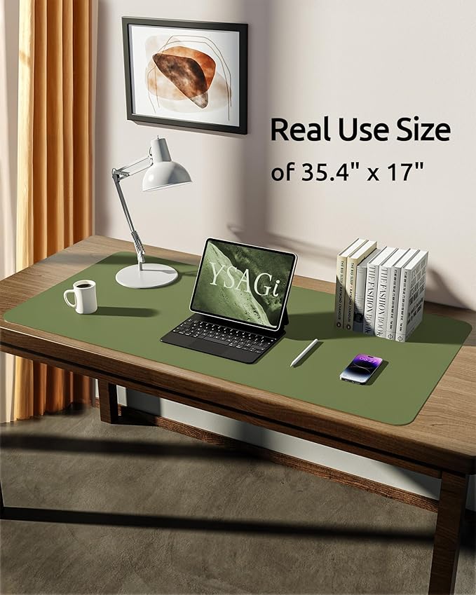YSAGi Leather Desk Protector, Office Mat, Large Mouse Mat, Non-Slip PU Leather Blotter, Laptop Pad, Waterproof Writing Pad for Office and Home (Green, 35.4" x 17")