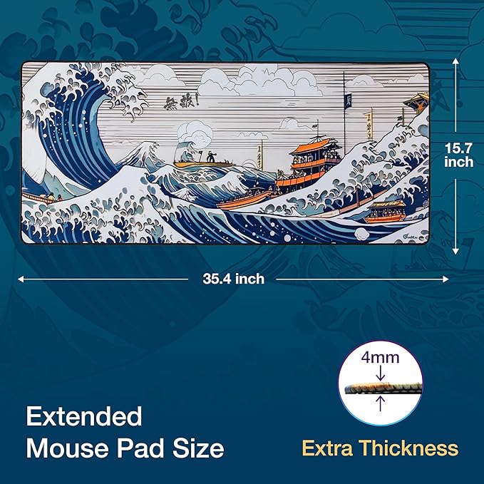 GUNMJO Ocean Wave Extended Gaming Mouse Pad, Ultra-Smooth Surface for Pixel-Precise Mouse Control, Durable Anti-Fray Stitching, Non-Slip Rubber Base, for Gamer, Office & Home, Light & Portable