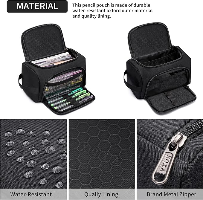 XQXA Large Capacity Pencil Case Organizer, Multifunctional Extra Big Pencil Pouch with Compartmens, Travel Simple Stationery Pen Bag, Fabric Pencil Bag for Men Women Girl Boy (Black)
