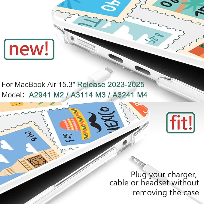 DONGKE Compatible with M4 MacBook Air 15 inch Case 2025-2023 A3241 A3114 A2941 M3 M2 Retina Display Touch ID, Plastic Hard Case & Keyboard Skin for MacBook Air 15" - Post Stamps