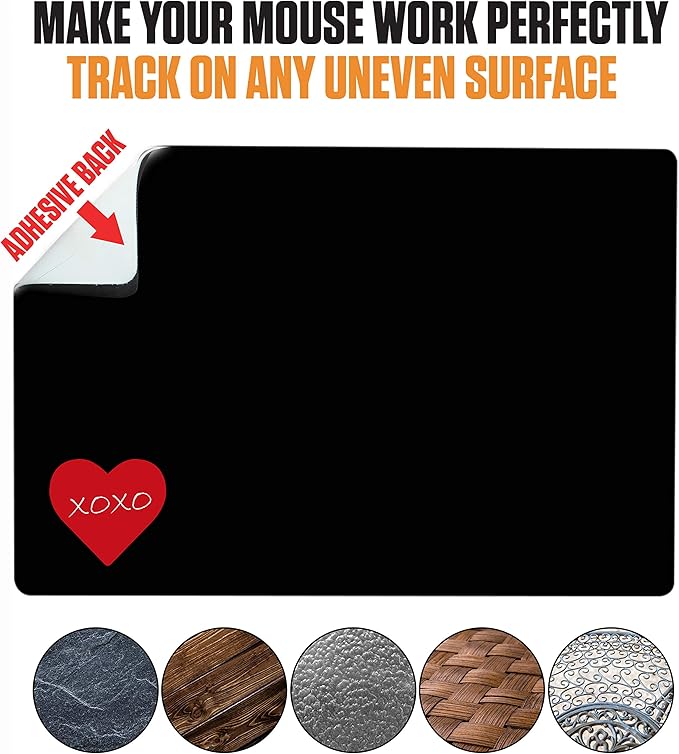 Mouse Pad Adhesive Bottom - Sticks to Any Surface - Portable - Webcam Covers and Screen Cleaner Included (Heart XOXO)