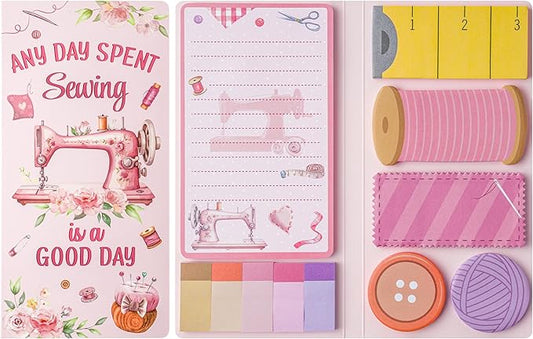 Xqumoi Retro Sewing Sticky Notes Set - Any Day Spent Sewing is A Good Day Self-Stick Note Pads Teacher Appreciation Notepads Writing Memo Pad Page Marker Back to School Office Supplies (Pink)