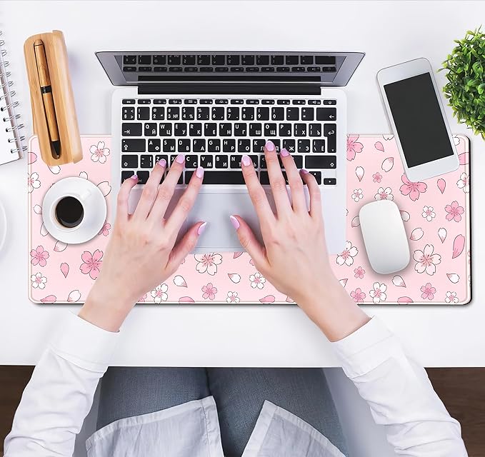 Cherry Blossom Mouse Pad Kawaii Pink XL Large Extended Gaming Desk Mat Cute Pastel Anime Desk Pad Aesthetics Laptop Keyboard Mouse Mat Women Office Decor Mousepad with Stitched Edges 31.5''x11.8''