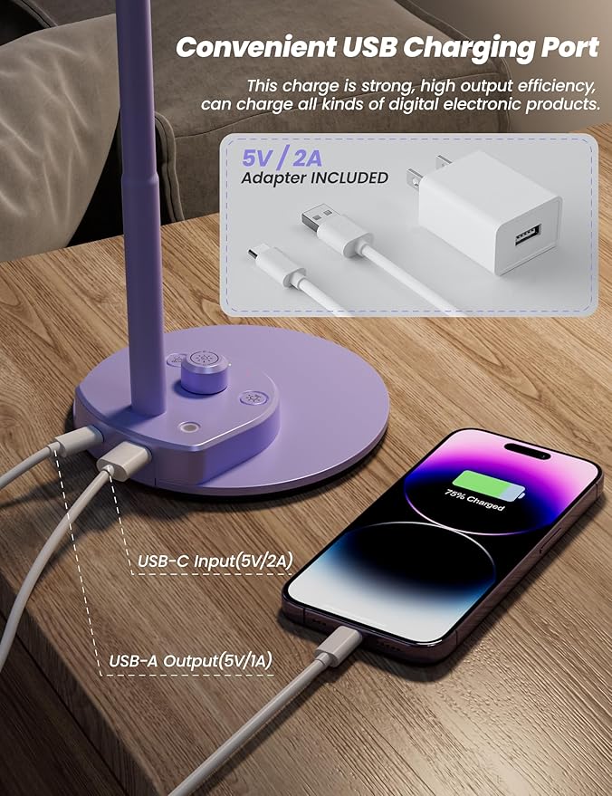 BOHON LED Desk Lamp with USB Charging Port, 3 Color Modes Fully Dimmable Reading Lamp, Auto Dimming Task Lamp, Flexible Gooseneck Table Light for Office Dorm Bedside, Adapter Include, Lilac Purple