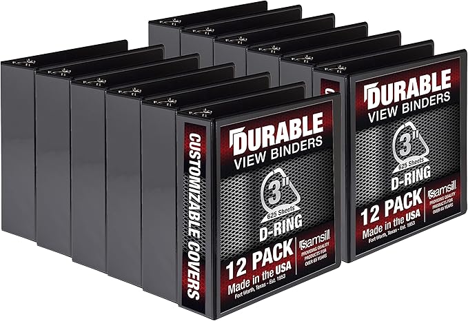 Samsill Durable 3 inch 3 Ring Binder, Made in USA, D Ring Binder, FSC 100% Recycled Chipboard, Black, 12 Pack