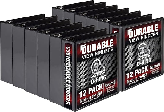 Samsill Durable 3 inch 3 Ring Binder, Made in USA, D Ring Binder, FSC 100% Recycled Chipboard, Black, 12 Pack