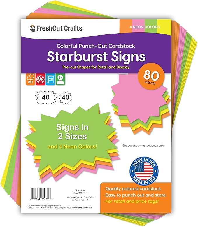 80 pcs Starburst Signs NEON Star Shaped Blank Sale Tags in 2 Sizes for Retail Sales, US Made Card Stock Punch Out Signs Ideal for Garage Sale Yard Sale Bulletin Board Decorations, Party Name Tags