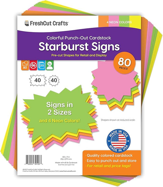 80 pcs Starburst Signs NEON Star Shaped Blank Sale Tags in 2 Sizes for Retail Sales, US Made Card Stock Punch Out Signs Ideal for Garage Sale Yard Sale Bulletin Board Decorations, Party Name Tags