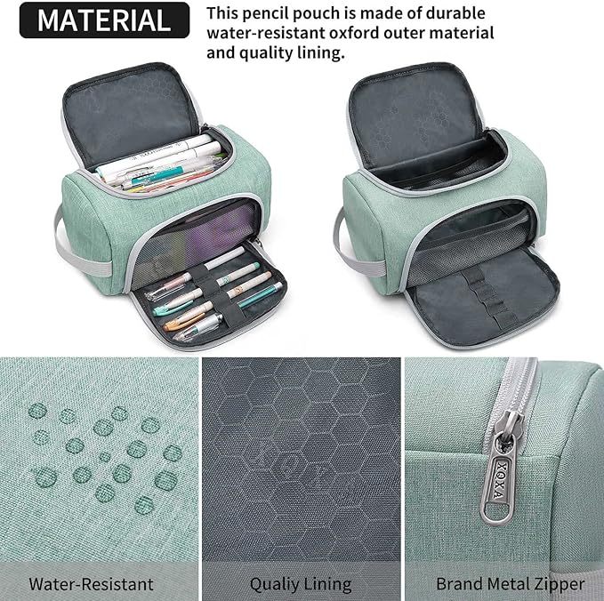 XQXA Extra Large Capacity Pencil Case Organizer, Multifunctional Pencil Pouch with Compartmens, Travel Simple Stationery Bag, Nylon Pencil Bag for Adults (Green)