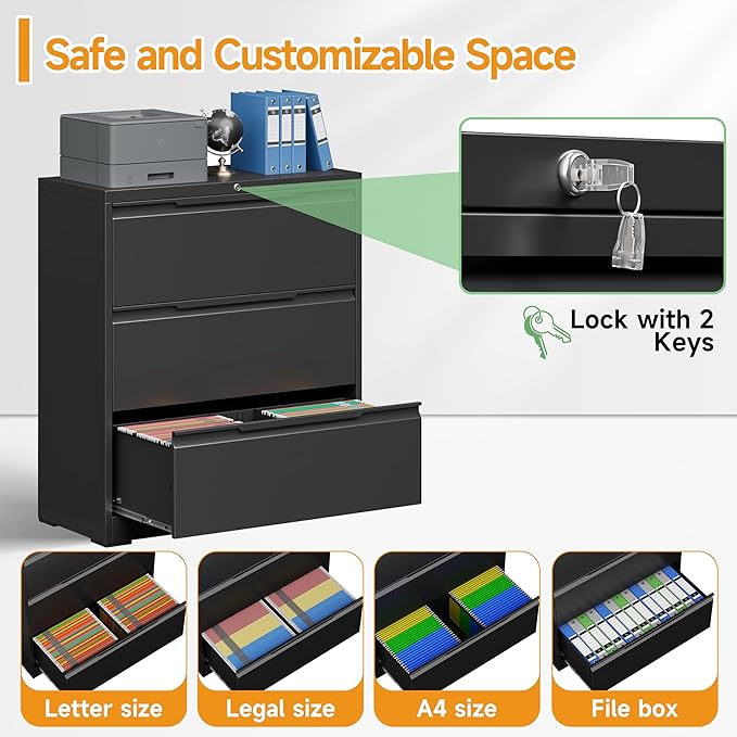 3 Drawer Lateral File Cabinets with Lock,Metal Filing Cabinet for Home Office,Wide Office Storage Cabinet with Hanging Bars for A4 Legal/Letter Size(Easy Assembly)