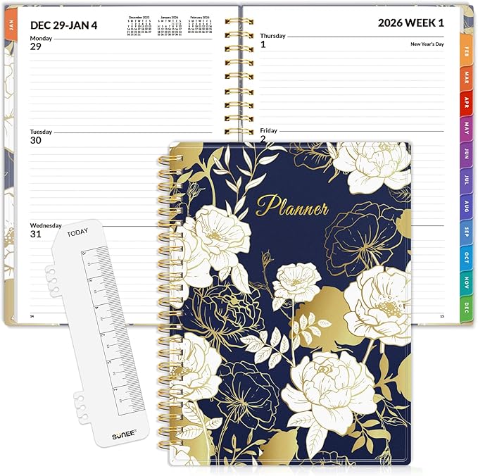 SUNEE 2026 Weekly and Monthly Planner - from January 2026 - December 2026, 6.4" x 8.3" Daily Agenda Planner with Monthly Tab, Flexible Cover, Note Pages, Pockets, Bookmark, Dark Blue Marble