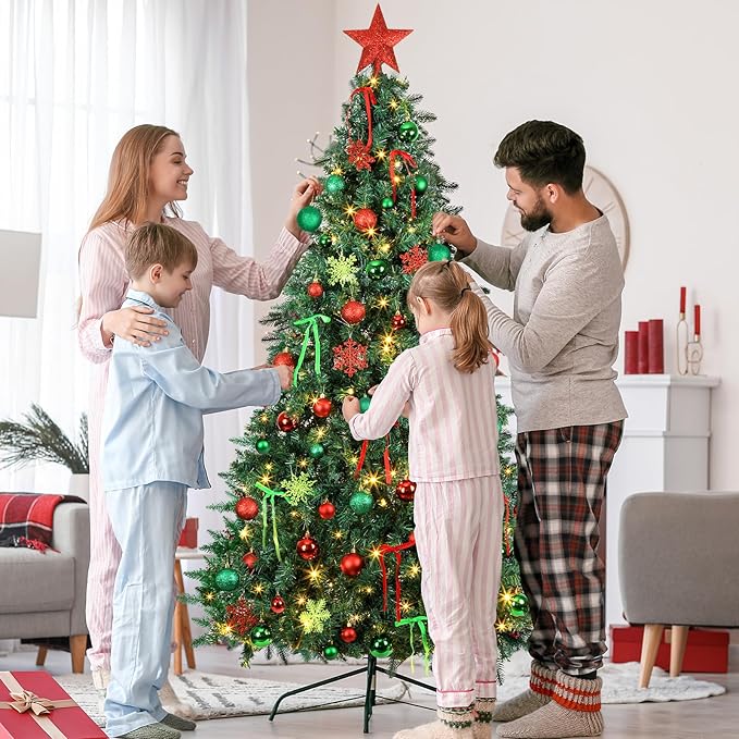 86Pcs Led Light Red and Green Christmas Tree Decorations Set 100 Led Light Christmas Star Trees Topper with String Lights Xmas Balls Snowflakes Ornaments Bows Xmas Trees Decor 20m Light String